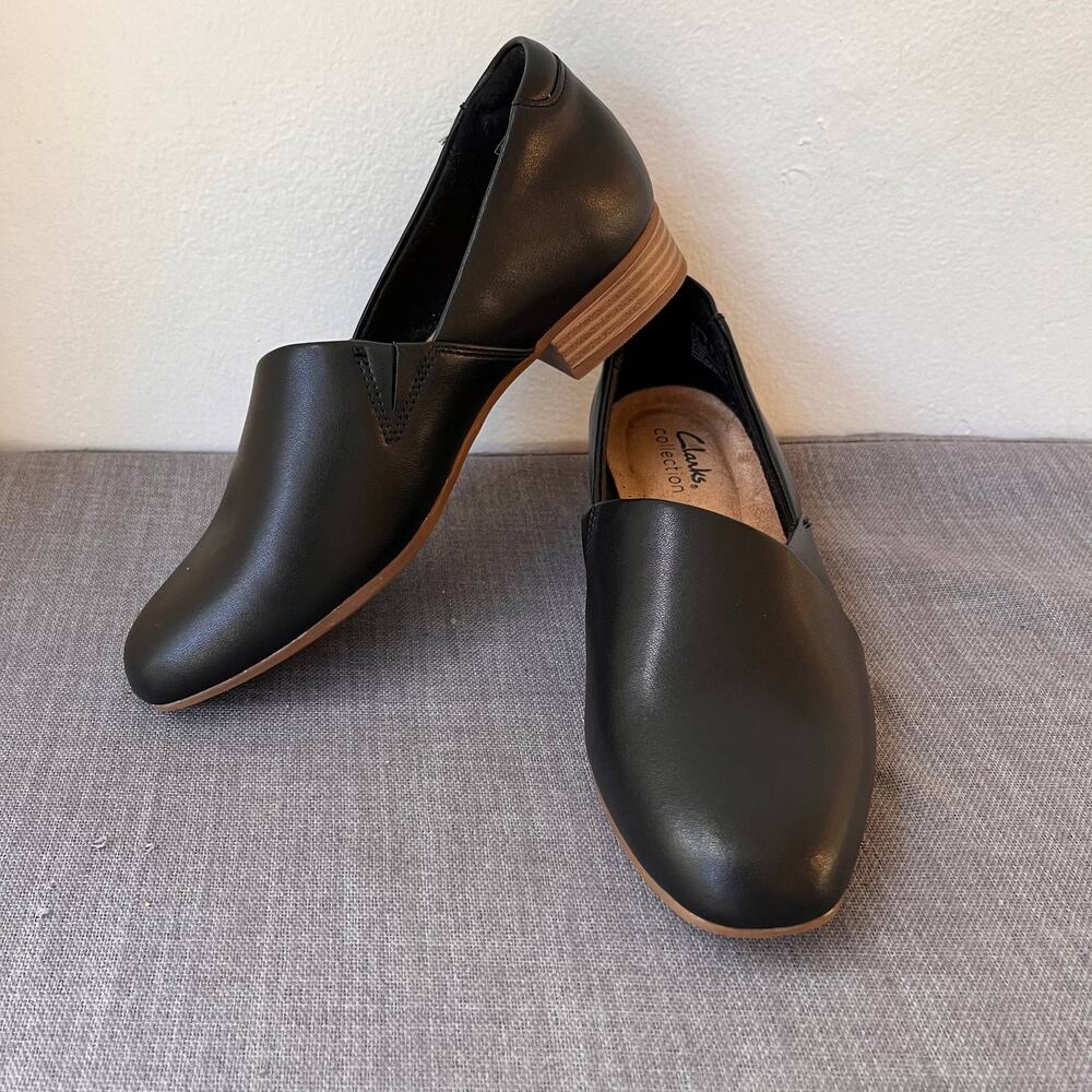 Clarks Black Leather Slip-On Flats with Tan Heel